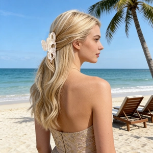 Pince à cheveux motif marbre portée à la plage, accessoire élégant pour coiffure d'été