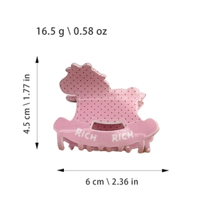 Pince à cheveux cheval à bascule à pois roses avec texte Rich et dimensions