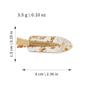 Transparent hair clip with gold foil inlay and metal base, 6cm size measurement guide