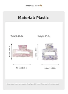 Detailed size specifications for two geometric acrylic hair claw clips in pastel colors