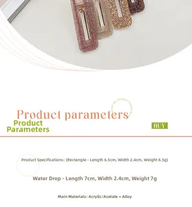 Close-up of rectangle and teardrop acetate hair clips with glitter finish and alloy base