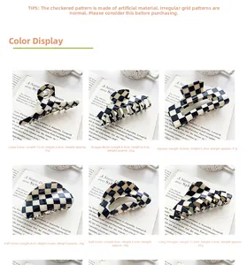 Detailed size and weight guide for six different checkered acetate hair claw clip styles