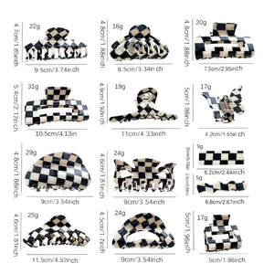 Size chart for checkered acetate hair claws showing dimensions and weights for 13 styles