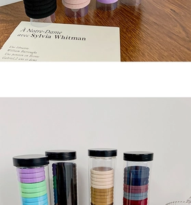Close-up of assorted colorful high-elastic hair ties in a clear cylindrical bottle