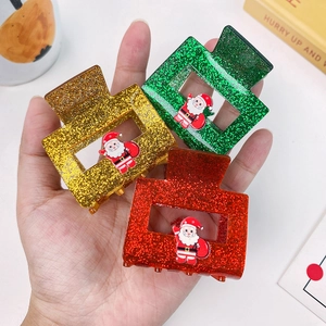 Pinces à cheveux de Noël en acrylique pailleté avec motif Père Noël en rouge, vert et or