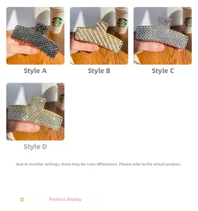 Detail view of four large alloy shark hair clips with rhinestones and pearls in styles A to D