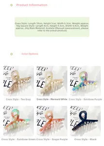 Detailed specs showing acetate hair claws in various elegant shapes and multiple colors