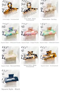 Collage of acetate hair claws in various marble and tortoiseshell patterns for women