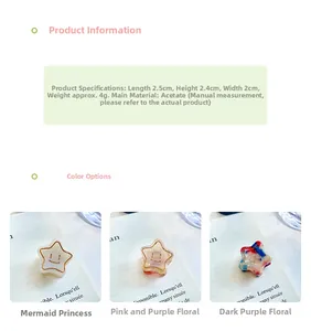 Acetate starfish hair clip size specs 2.5cm with mermaid and floral patterns