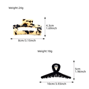 Elegant tortoiseshell and black acetate hair claws set with detailed dimensions