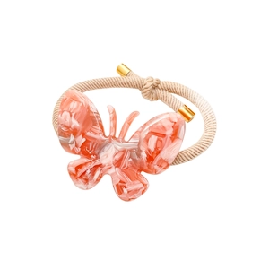 Élastique à cheveux papillon marbré rose avec cordon beige et embouts dorés