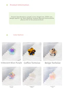 Detail showing various colors of small floral acetate hair clips with product dimensions