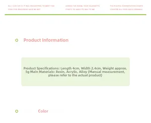 Detail specifications of 4x2.4cm hair clip showing resin and alloy materials