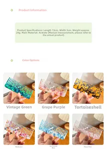 Detailed size specifications and six color variants of acetate wide-tooth hair combs