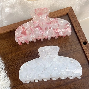French Vintage Acetate Hair Claw Clip For Women Faux Artificial Pearl Large Marble Shark Clip Elegant Hair Catch Styling Accessory