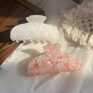 French vintage large acetate hair claws with pearls in white and pink marble finish