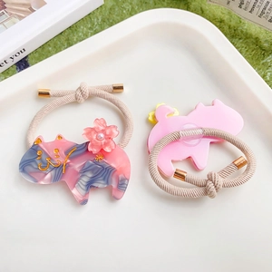 Set di due elastici per capelli a forma di gatto in acetato con fiori rosa e elastici