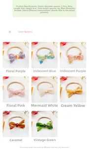 Macro detail of acetate bow hair ties in multiple colors with elastic band measurements