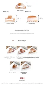 Detailed dimensions of acrylic brown marble hair claws in various geometric shapes