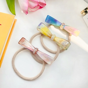 Trois élastiques à cheveux nœud en acétate dégradé bleu, jaune et rose de haute qualité