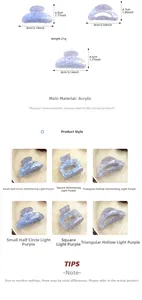 Detail view of light purple acrylic hair claws in half-circle, square, and hollow shapes