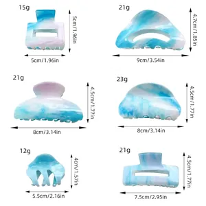 Size guide for sky blue geometric acrylic hair claw clips with marble pattern and dimensions