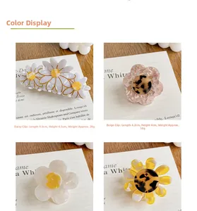 Detailed views of floral hair clips in assorted patterns and dimensions with product sizes