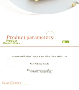 Detailed size chart for acetate hair clip showing 8.5cm length and 1.2cm width dimensions