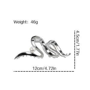 Grande pinza per capelli in metallo argentato con perla, misura 12cm per 4,5cm