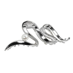 Grande molletta per capelli in metallo argento a onde con perla per acconciature
