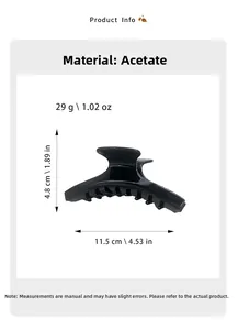 Spécifications détaillées de taille pour grande pince à cheveux en acétate noire