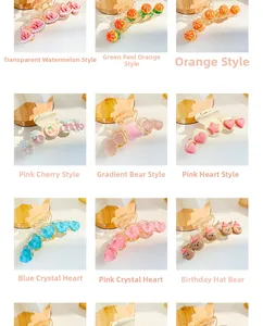 Detailed grid view of assorted macaron fruit hair claws with cherry and bear designs