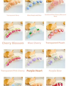Detailed grid showing various macaron fruit hair claws in acrylic flower and heart designs