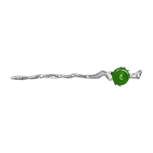 Pic à cheveux argenté irrégulier avec perle de jade verte pour coiffures classiques