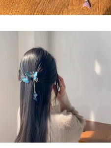 Detail of embroidered blue butterfly hair clip with long metal tassels on dark hair