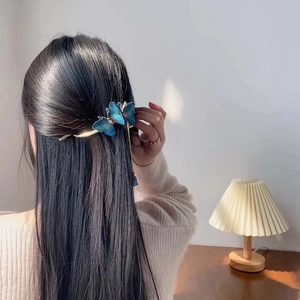 Chinese style embroidered blue butterfly hair clip with tassel for Hanfu hairstyles