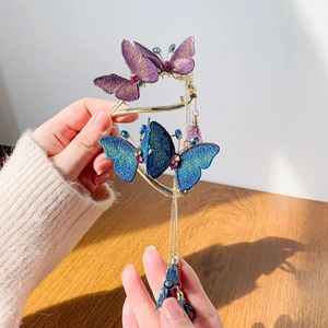 Chinese embroidered butterfly hair claw clip with tassels and rhinestones for Hanfu style