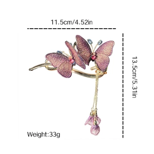 Chinese style purple embroidered butterfly hair claw clip with golden tassels and dimensions