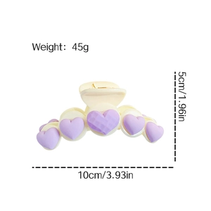 Sweet purple heart hair claw clip for women, size 10cm x 5cm with dimension markers