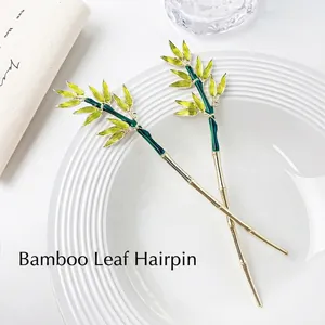 New Chinese Retro Bamboo Leaf Hair Stick Alloy Gold Plated Green Enamel Hair Pin For Women Hanfu Qipao Hair Jewelry Accessories