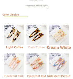 Detailed grid showing cute acetate cat hair clips in six colors on display cards