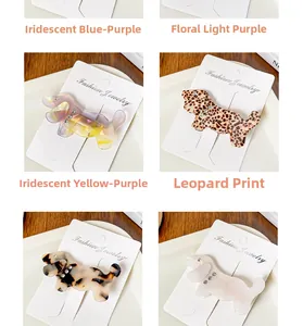 Detail of acetate dog hair clips in floral and leopard patterns on display cards