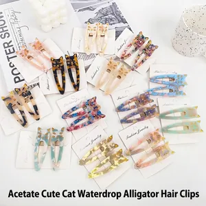 Cute Cat Shaped Acetate Hair Clips For Women Korean Ins Style Multicolor Marble Pattern Duckbill Clips Hair Accessories