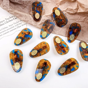 Set of 10 tortoiseshell and blue resin hair clips with golden oval logos on a paper background