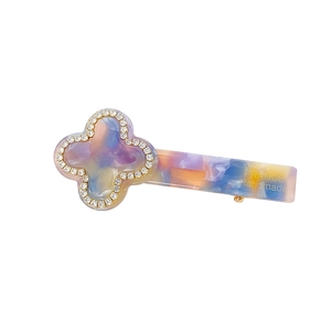 French style mosaic resin clover hair clip with rhinestones and gold metal base