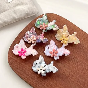 Pince à Cheveux Chien Chiot en Acétate Vintage Français pour Femmes Douce Pince Bec de Canard Fleur en Strass Accessoires Cheveux