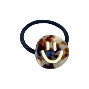 Acetate hair tie with tortoiseshell smiley face charm and high elasticity black band