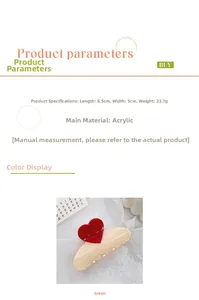 Détail d'une pince à cheveux crème en forme de cœur, dimensions 8,5 cm sur 5 cm