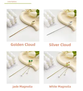 Detail of four Chinese style hair sticks with tassels and floral motifs in 2x2 grid