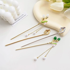 Traditional Chinese Style Alloy Hair Stick With Artificial Pearl Tassel Hollow Auspicious Cloud Floral Hair Pin For Women Hanfu Hair Accessories